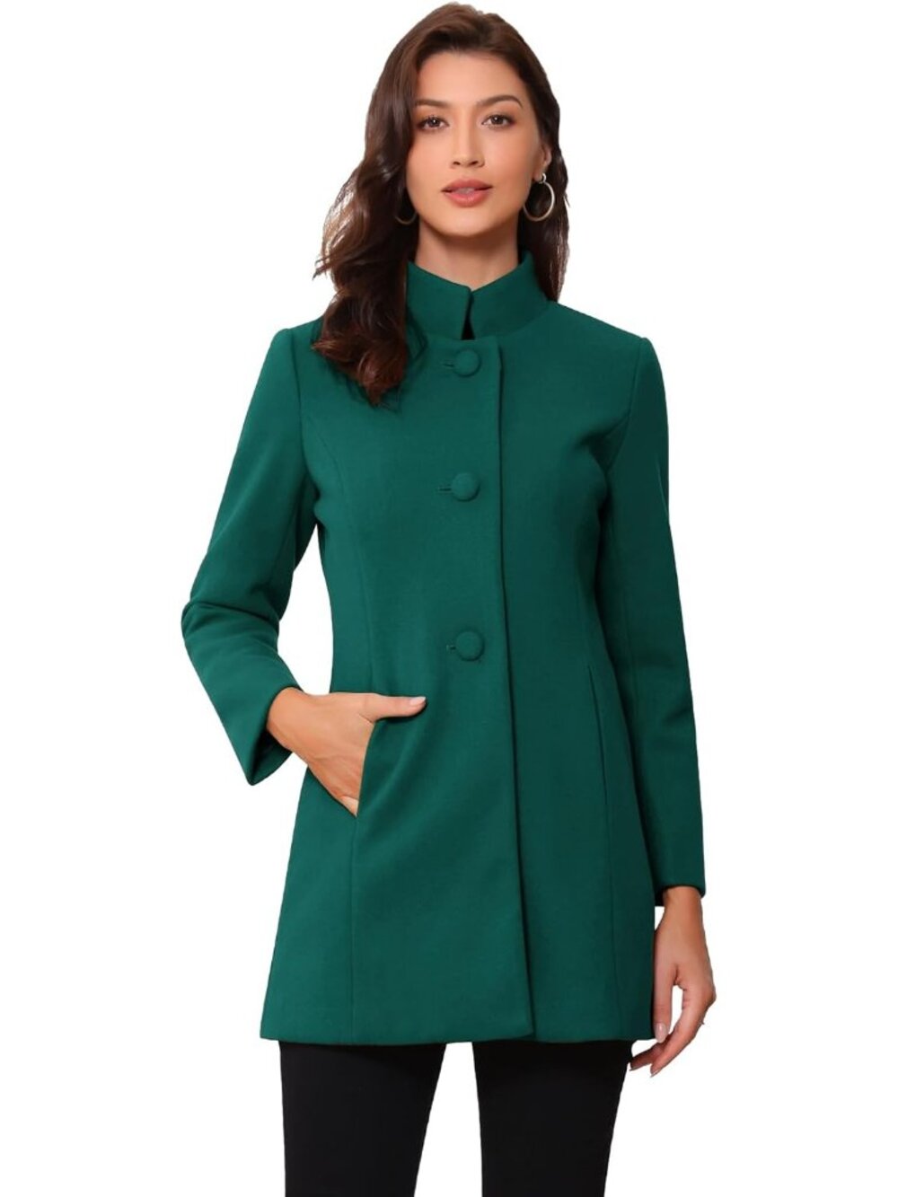 Women's Turquois Mid-long Stand Collar Single Breasted Loose Winter Trench Coat